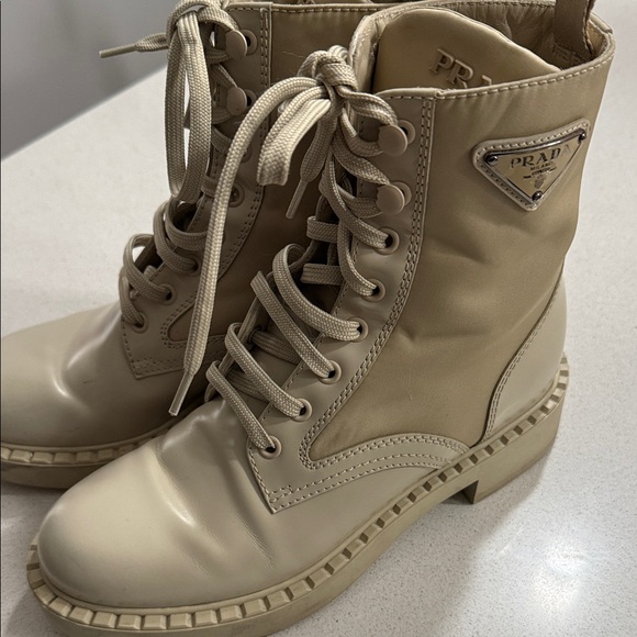 Authentic Prada Women's Beige Lace-Up Combat Boots - Picture 8 of 12